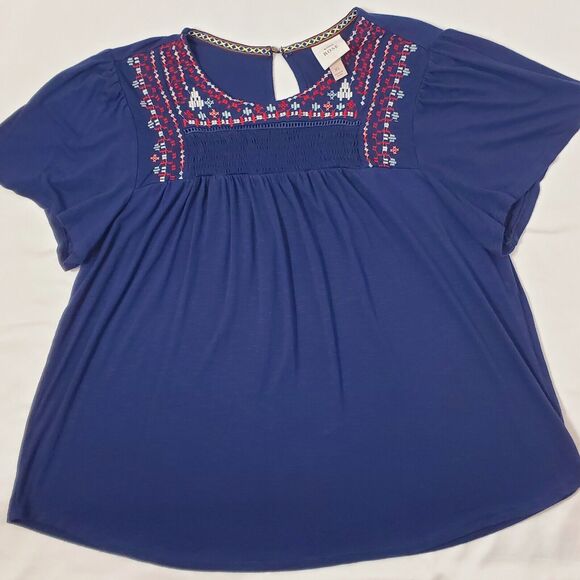 Knox Rose Top XL Blue Smocked Embroidered Flutter Relaxed Tunic Womens Sz Shirt - Picture 5 of 5